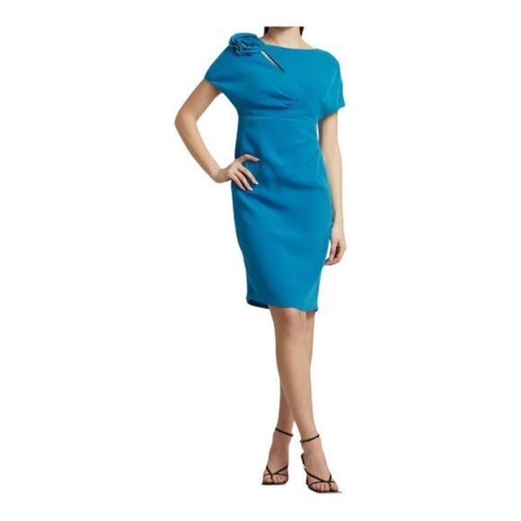 TERI JON by Rickie Freeman Blue Flower shoulder Crepe Cocktail Dress size 6 NWT - Picture 1 of 12